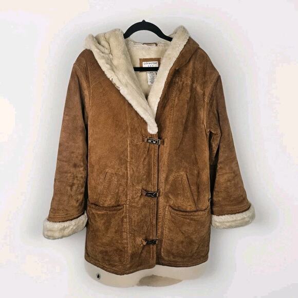 00s Covington Womens Suede Leather Shearling Lined Hooded Coat Sm Y2K - Picture 1 of 10